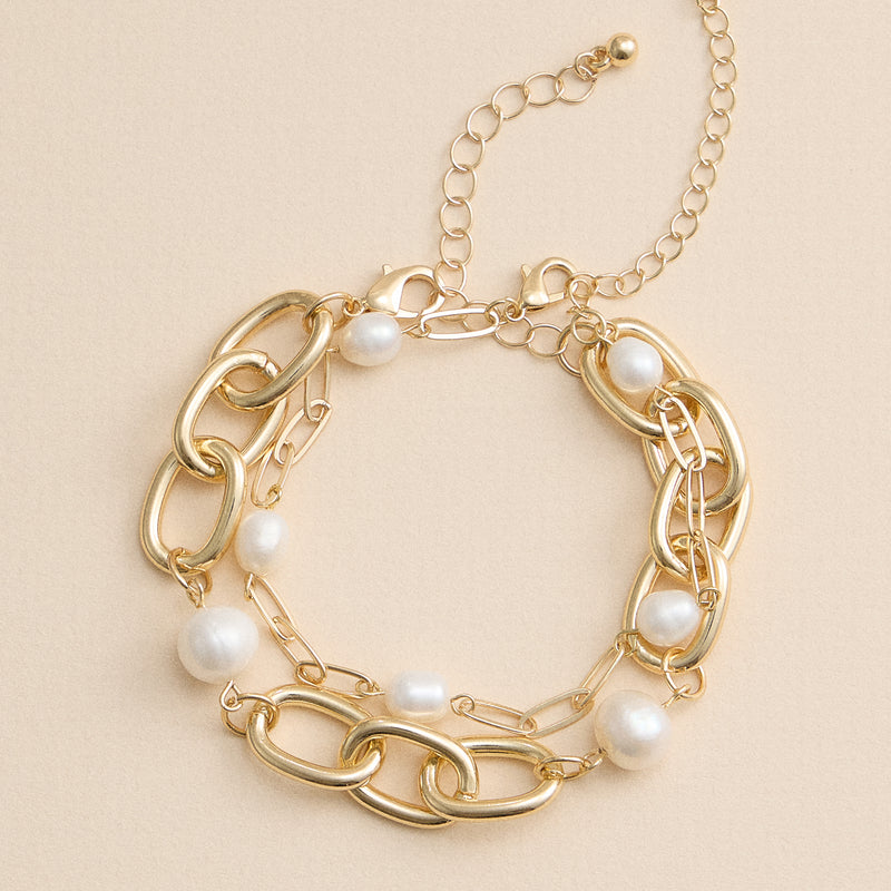 Gold Chain Link Bracelet with Freshwater Pearls – Elegant Layered Bracelet Set