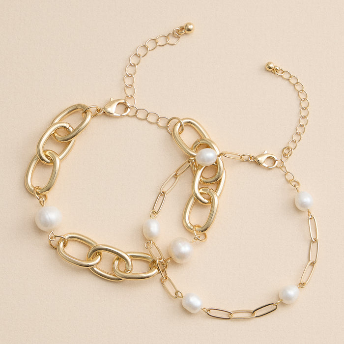 Gold Chain Link Bracelet with Freshwater Pearls – Elegant Layered Bracelet Set