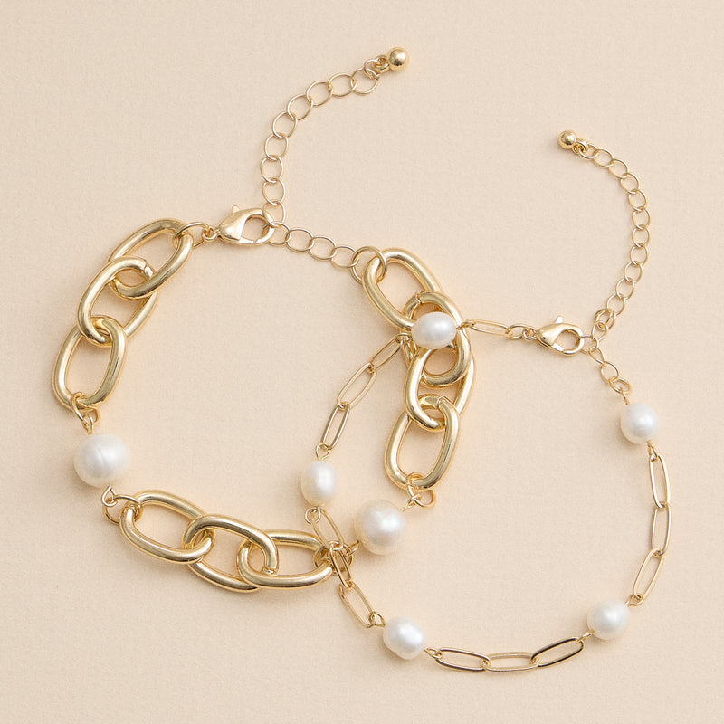Gold Chain Link Bracelet with Freshwater Pearls – Elegant Layered Bracelet Set