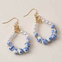 Floral Ceramic Hoop Earrings Pink and Blue