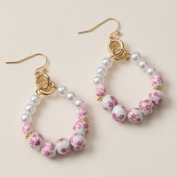 Floral Ceramic Hoop Earrings Pink and Blue