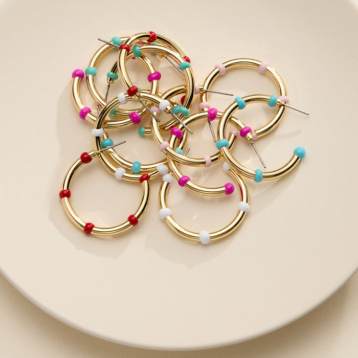 Gold Beaded Hoop Earrings – Colorful Enamel Accents, Trendy Minimalist Jewelry
