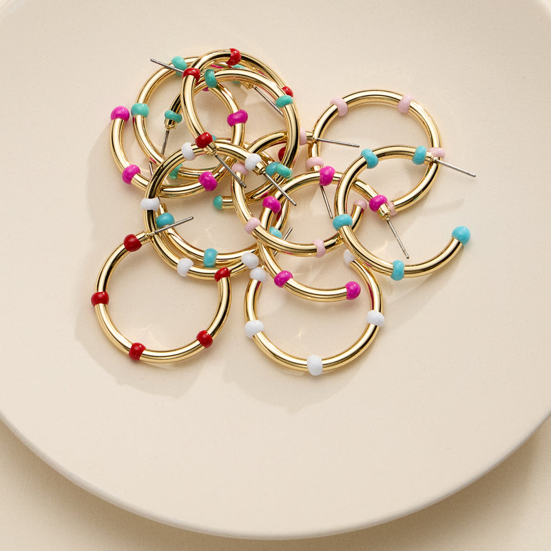 Gold Beaded Hoop Earrings – Colorful Enamel Accents, Trendy Minimalist Jewelry