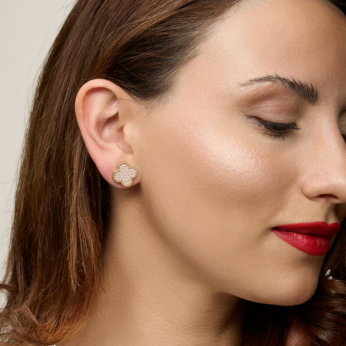 Elegant Pearl Clover Stud Earrings – Gold/Silver Plated, Classic Statement Jewelry