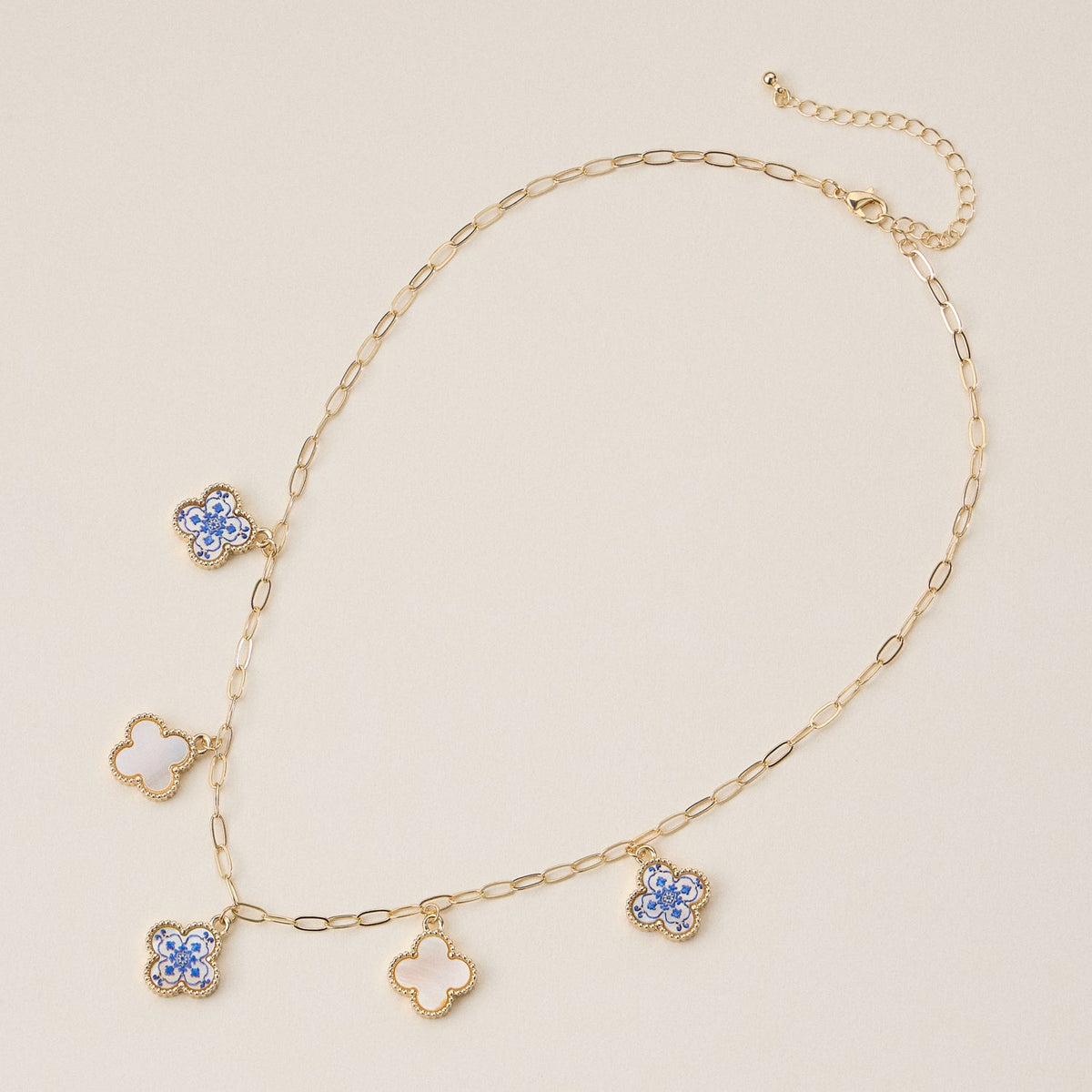 Blue Floral and Pearl Clover Charm Necklace