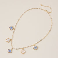 Blue Floral and Pearl Clover Charm Necklace
