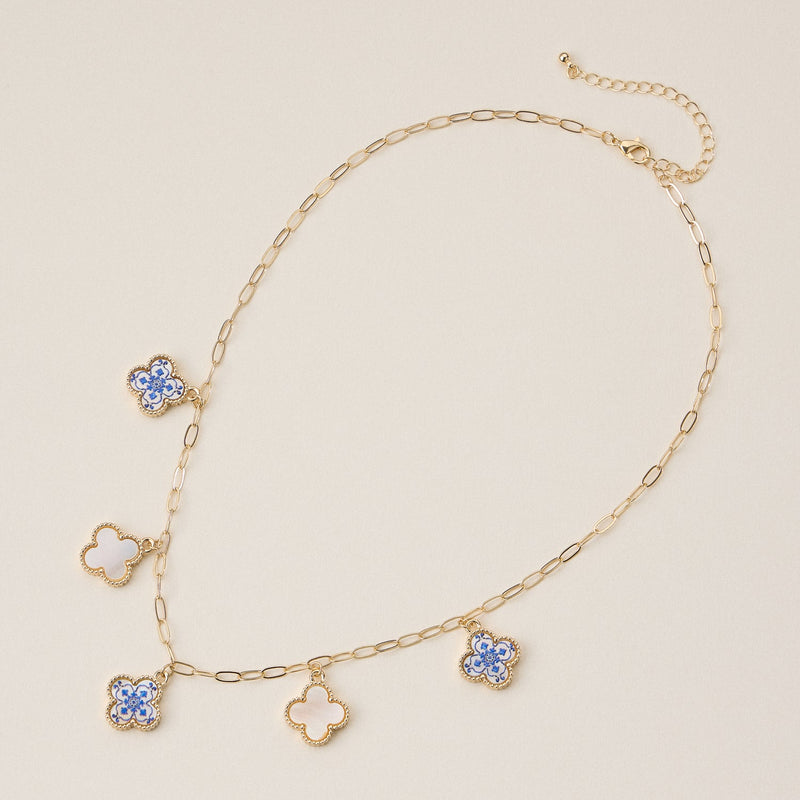 Blue Floral and Pearl Clover Charm Necklace
