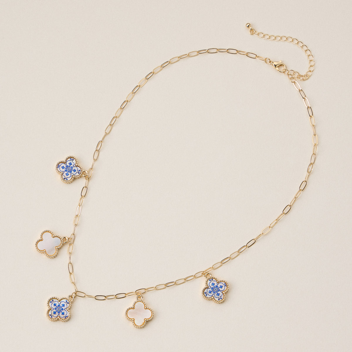 Blue Floral & Pearl Clover Charm Necklace