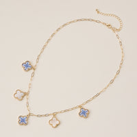 Blue Floral & Pearl Clover Charm Necklace