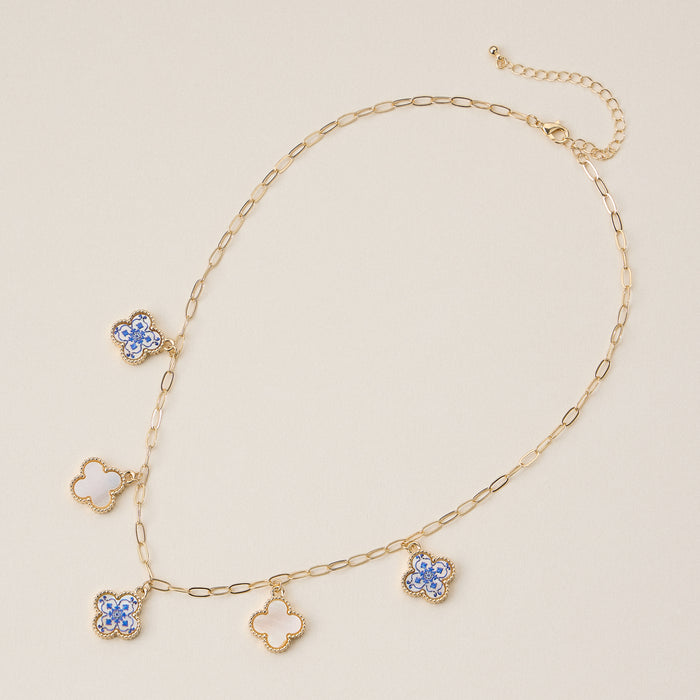 Blue Floral & Pearl Clover Charm Necklace