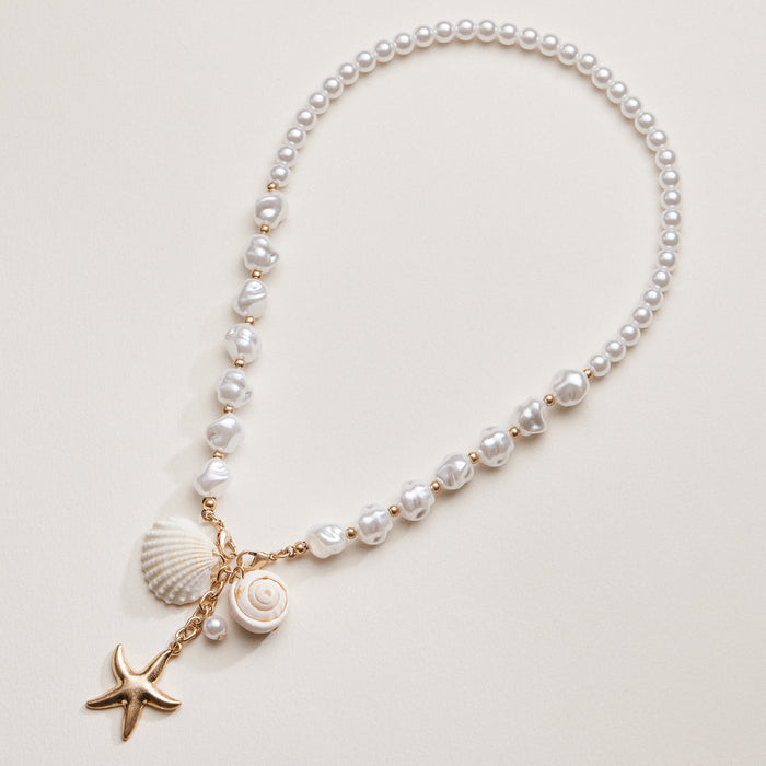 Coastal Charm Pearl Necklace | Gold Starfish & Seashell Pendant