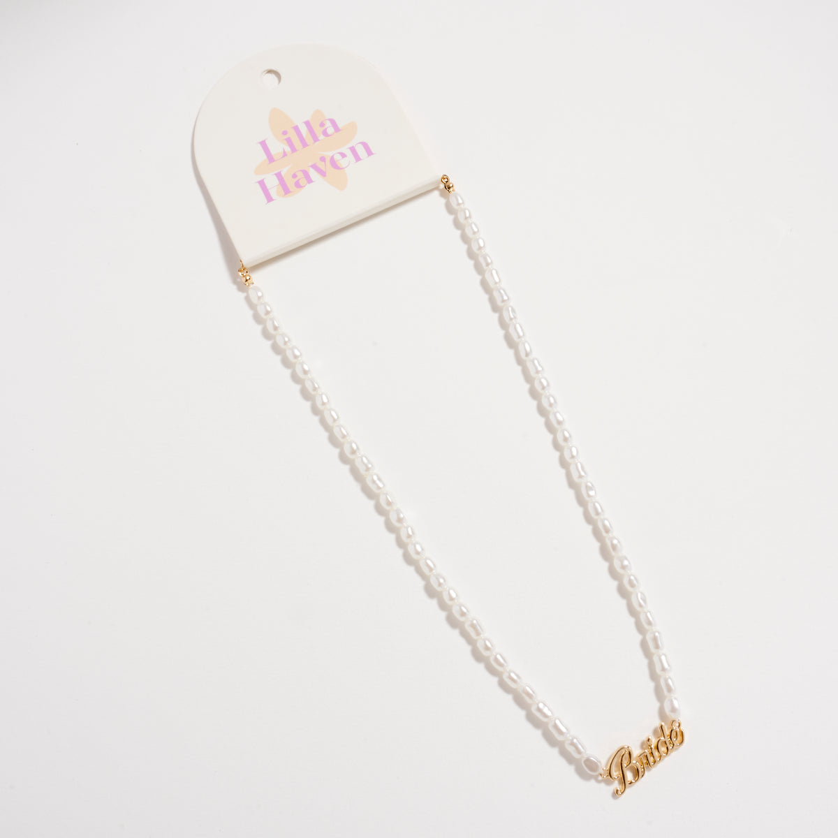 Bride Pearl Beaded Necklace with Script Pendant – Bridal Jewelry Gift