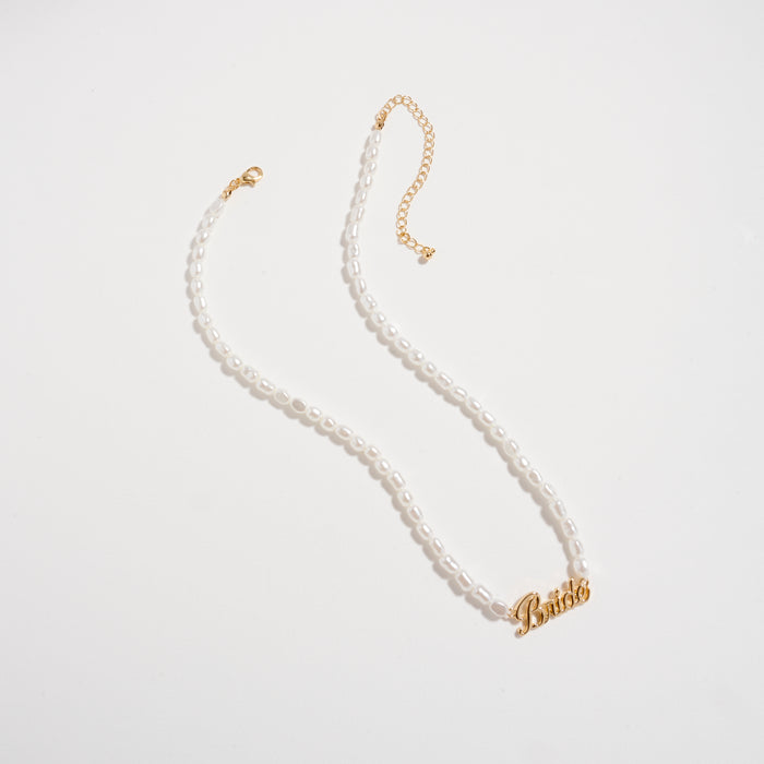 Bride Pearl Beaded Necklace with Script Pendant – Bridal Jewelry Gift