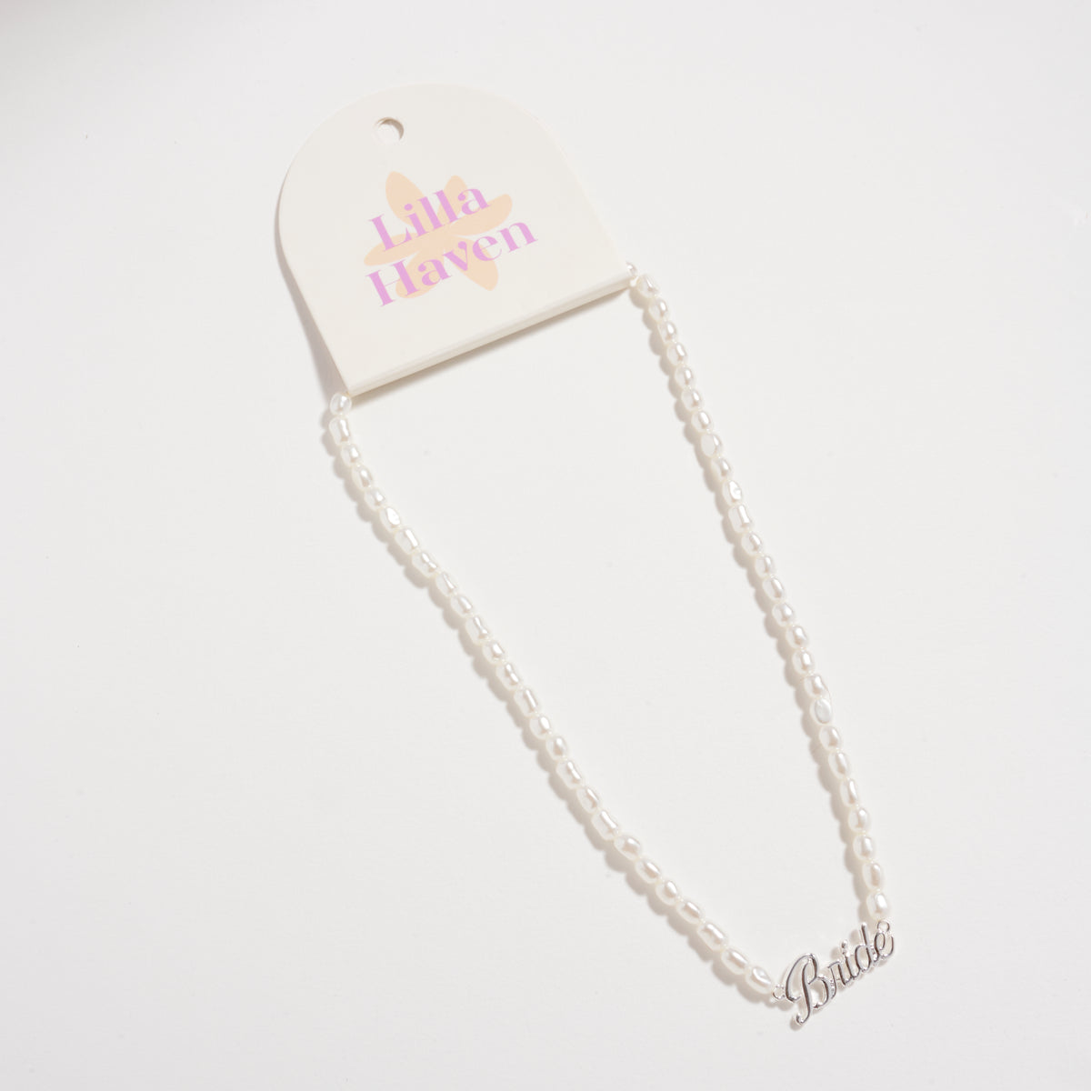 Bride Pearl Beaded Necklace with Script Pendant – Bridal Jewelry Gift