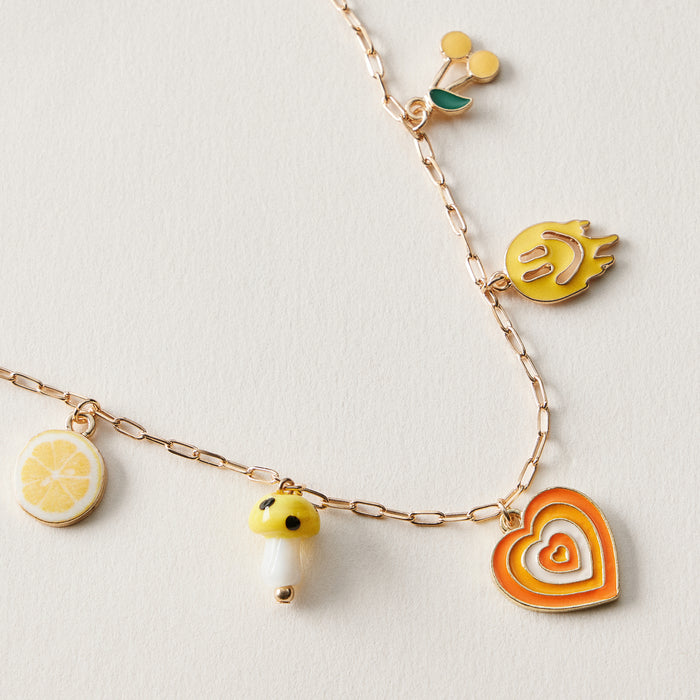 Yellow Charm Link Anklet | Retro Fruit & Heart Charms