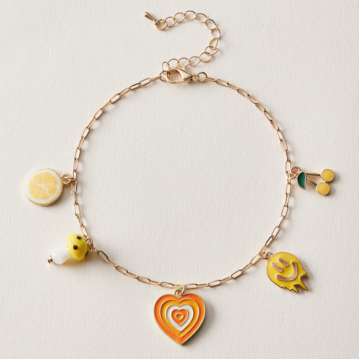 Gold Charm Link Anklet | Retro Fruit & Heart Charms