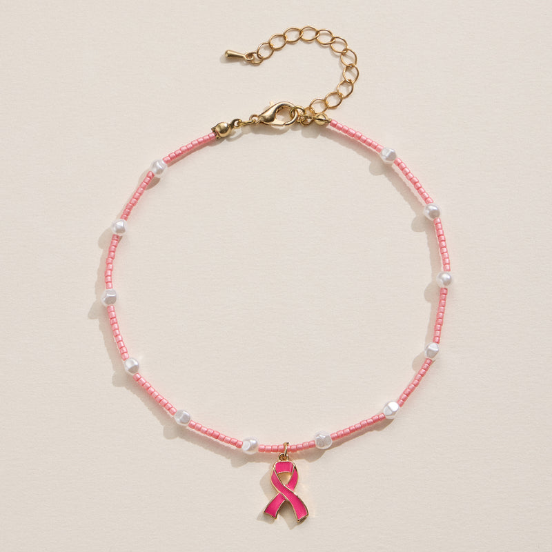 Pink Ribbon Glass Bead Anklet