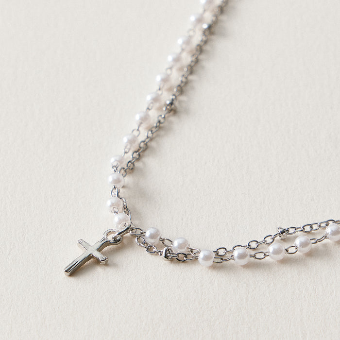 Pearl Cross Layered Anklet | Dainty Beaded Jewelry