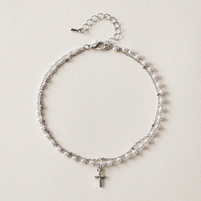 Pearl Cross Layered Anklet | Dainty Beaded Jewelry