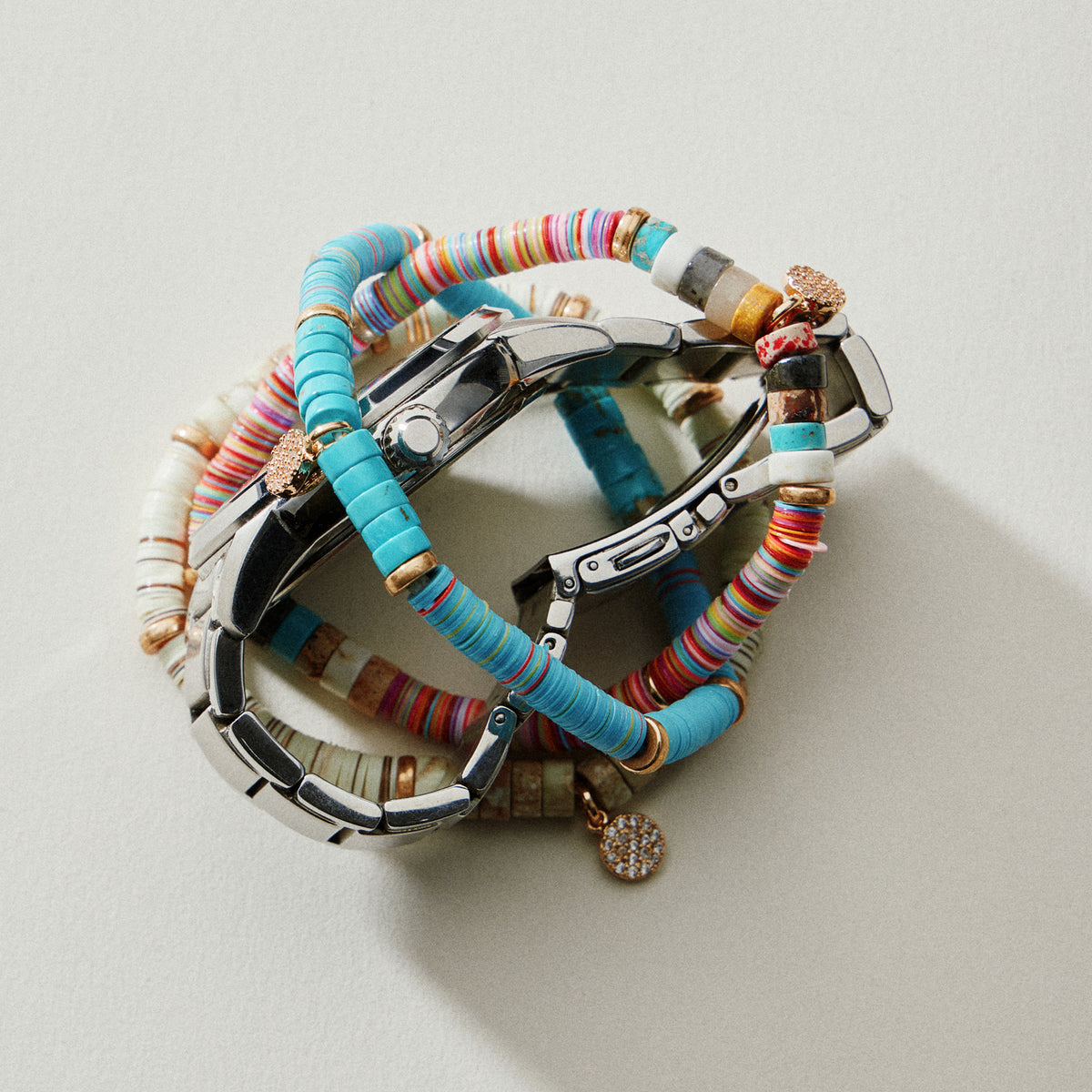 Heishi Bead Stretch Bracelet — Charm Accent