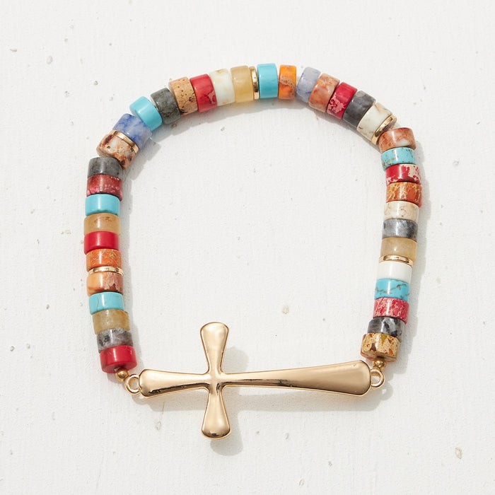 Pipe Stone Beaded Metal Cross Bracelet
