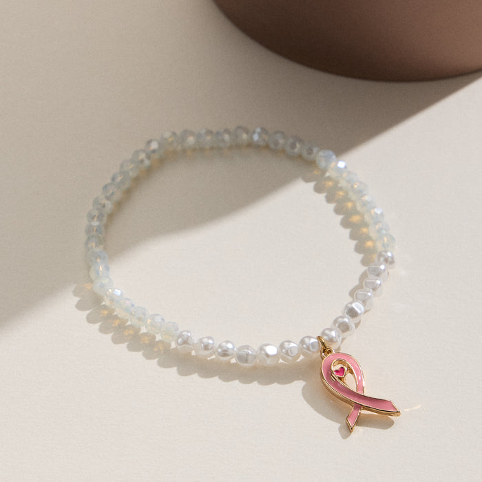 Glass Bead Pink Ribbon Bracelet