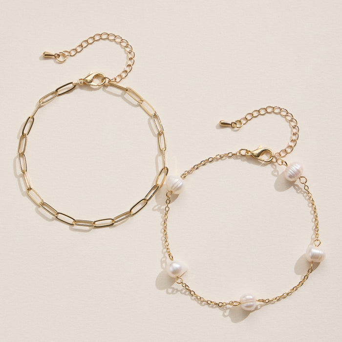 Layered Bracelet Set with Faux Pearls and Gold Chains