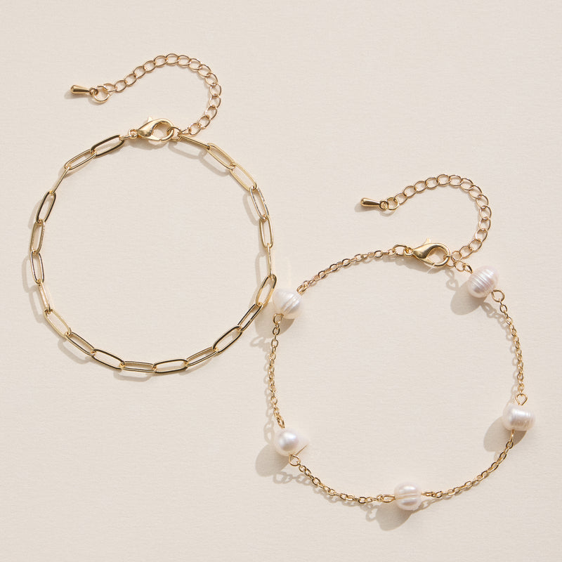 Layered Bracelet Set with Faux Pearls and Gold Chains