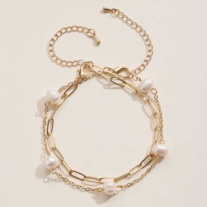 Layered Bracelet Set with Faux Pearls and Gold Chains