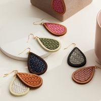 Textured Leather & Wood Teardrop Earrings