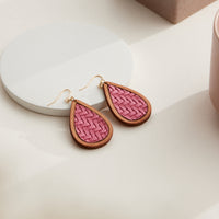 Textured Leather & Wood Teardrop Earrings