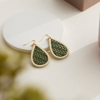 Textured Leather & Wood Teardrop Earrings