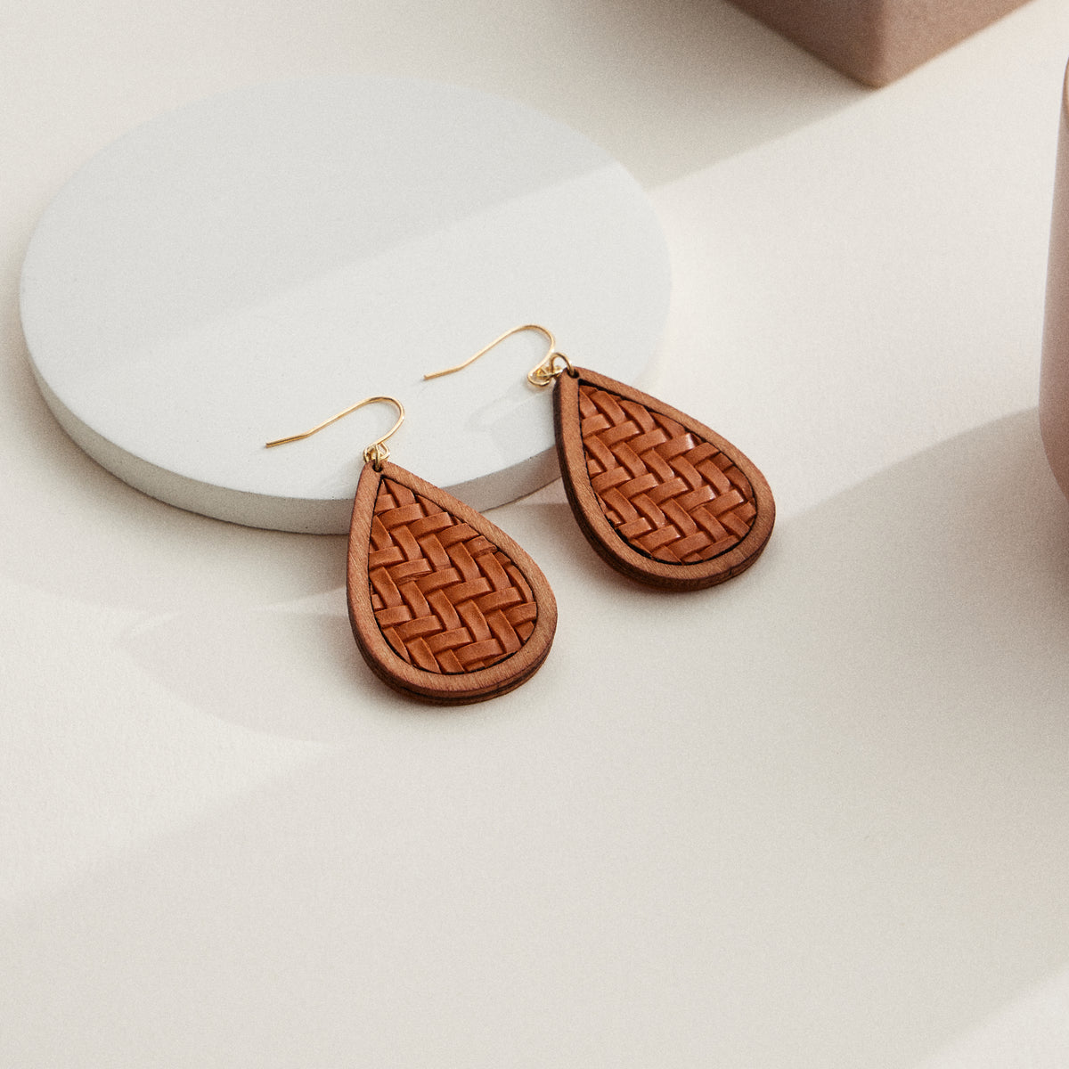Textured Leather & Wood Teardrop Earrings
