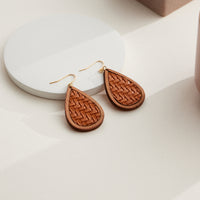 Textured Leather & Wood Teardrop Earrings
