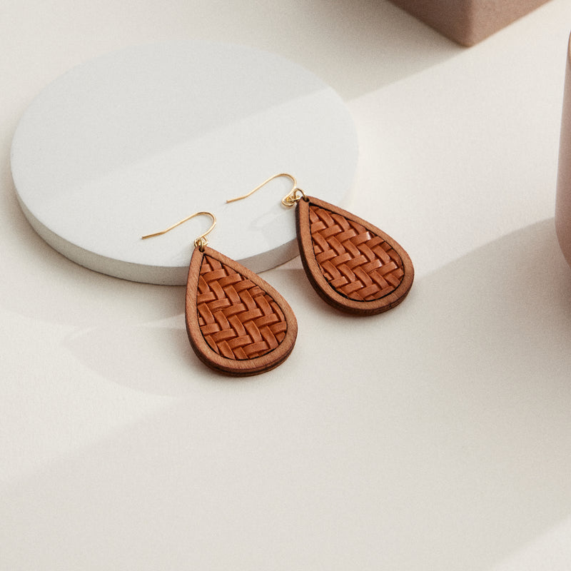 Textured Leather & Wood Teardrop Earrings