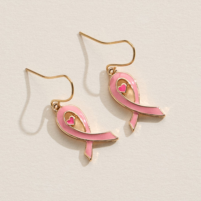 Pink Ribbon Heart Epoxy Earrings