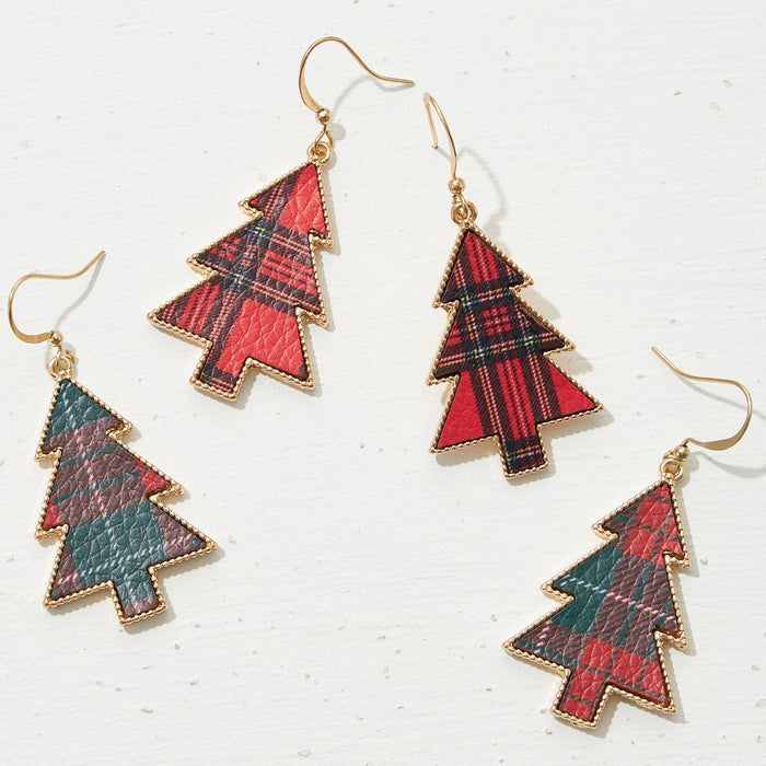 Tartan Christmas Tree Earrings | Faux Leather Holiday Dangles