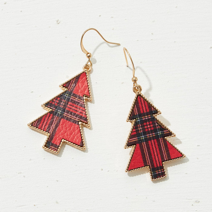 Tartan Christmas Tree Earrings | Faux Leather Holiday Dangles