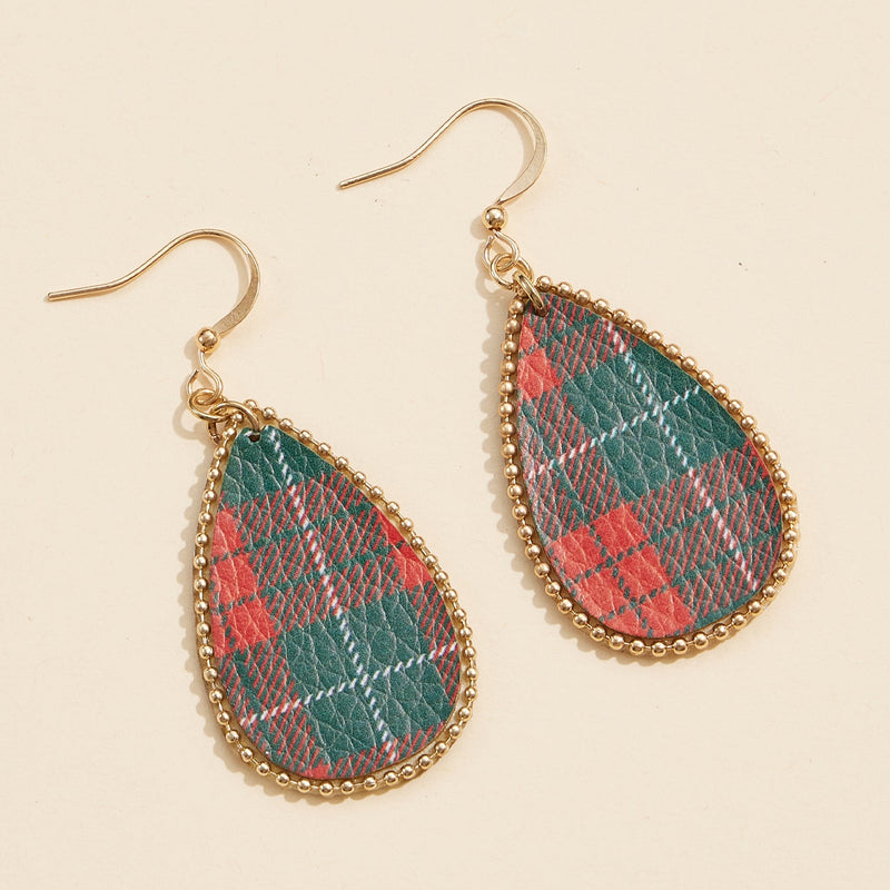 Teardrop Plaid Earrings with Gold Beaded Frame