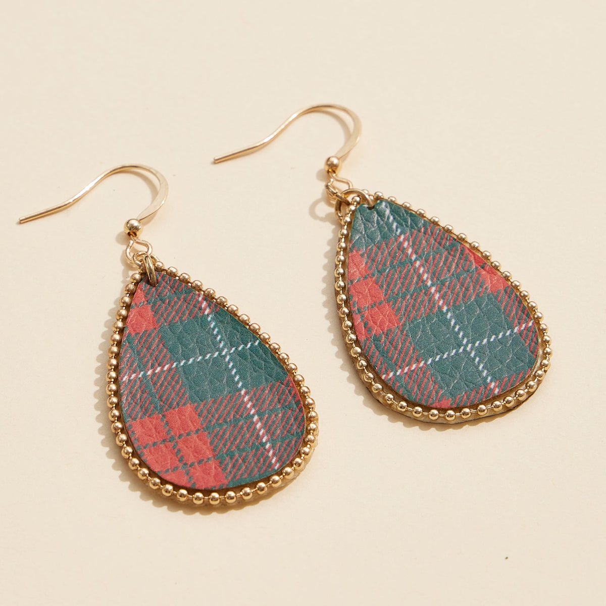 Teardrop Plaid Earrings with Gold Beaded Frame