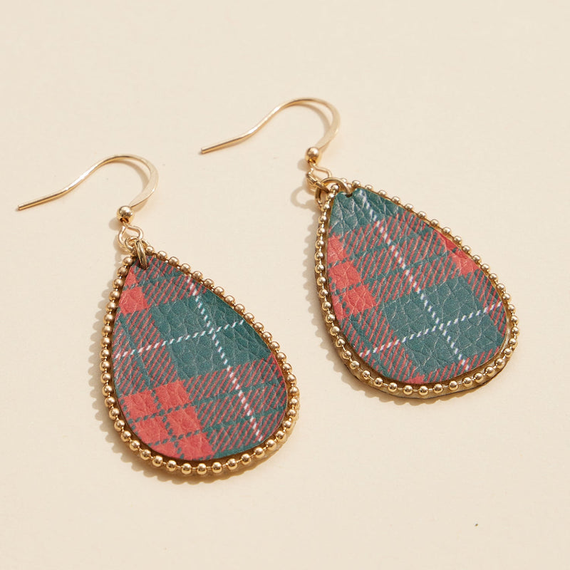 Teardrop Plaid Earrings with Gold Beaded Frame