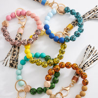 Colorful Leopard Beaded Keychain Bracelet with Tassel