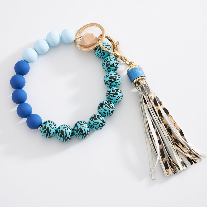 Colorful Leopard Beaded Keychain Bracelet with Tassel