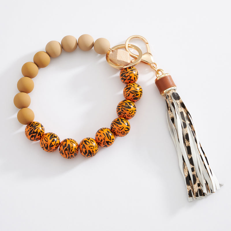 Colorful Leopard Beaded Keychain Bracelet with Tassel