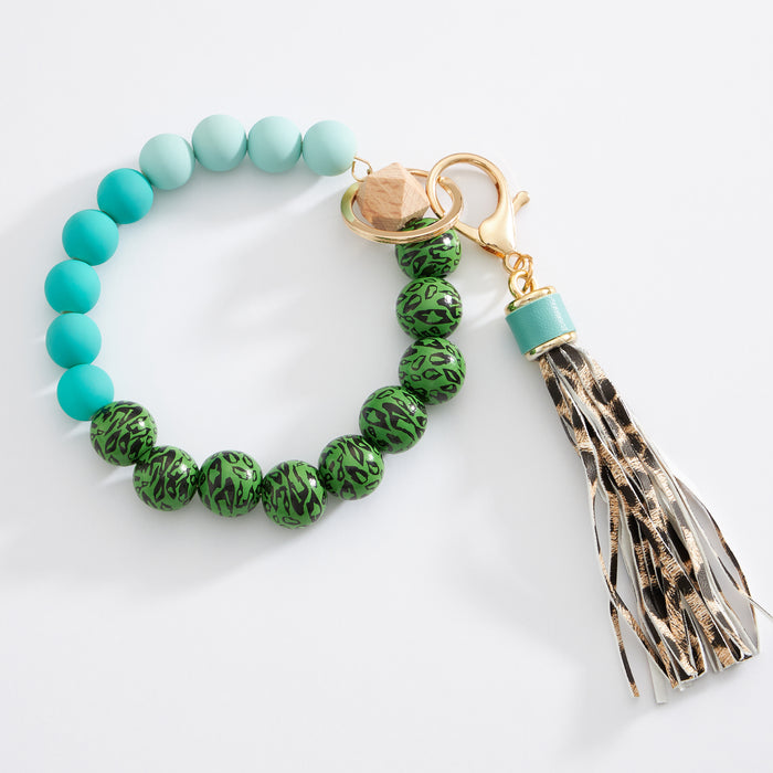 Colorful Leopard Beaded Keychain Bracelet with Tassel