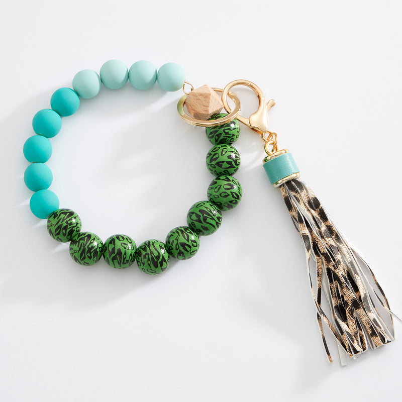 Colorful Leopard Beaded Keychain Bracelet with Tassel