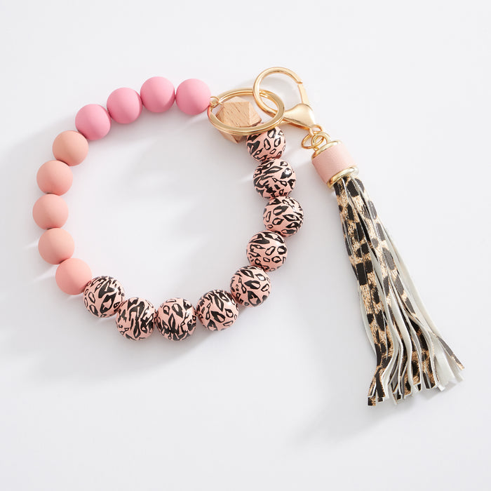 Colorful Leopard Beaded Keychain Bracelet with Tassel