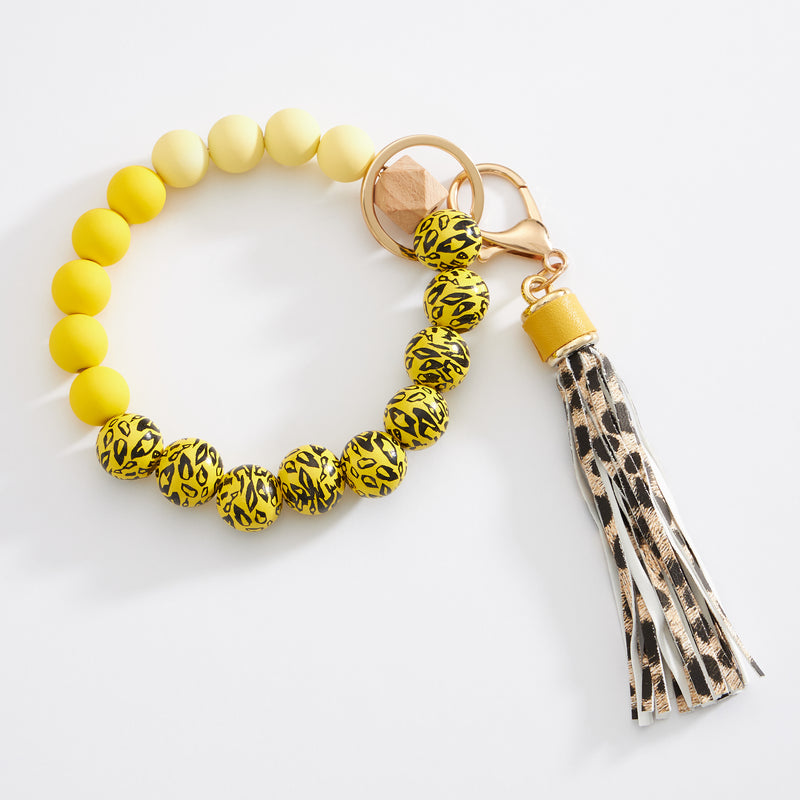 Colorful Leopard Beaded Keychain Bracelet with Tassel