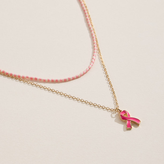 Layered Pink Ribbon Necklace