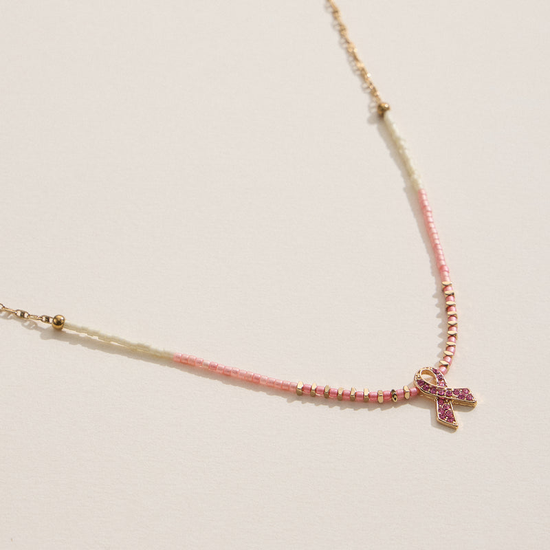 Awareness Pink Ribbon Beaded Necklace